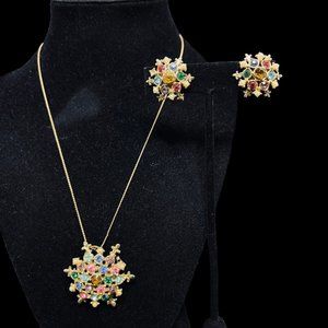 Gold Tone Necklace W/Rhinestone Pendant/Brooch And Screw Back Earrings Set (4882